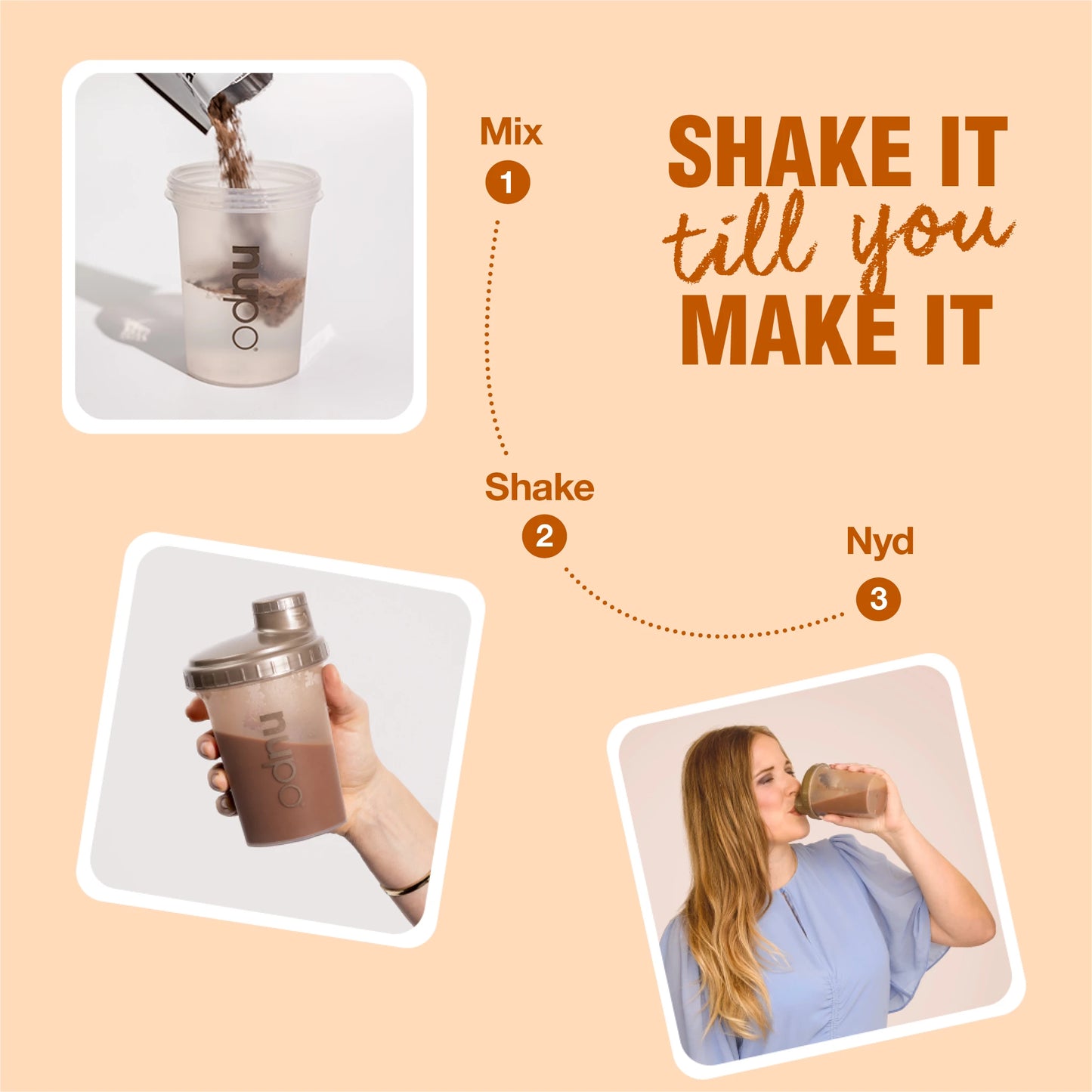 Spiced Mash preparation steps with Nupo products, showing mixing, shaking, and enjoying the shake.