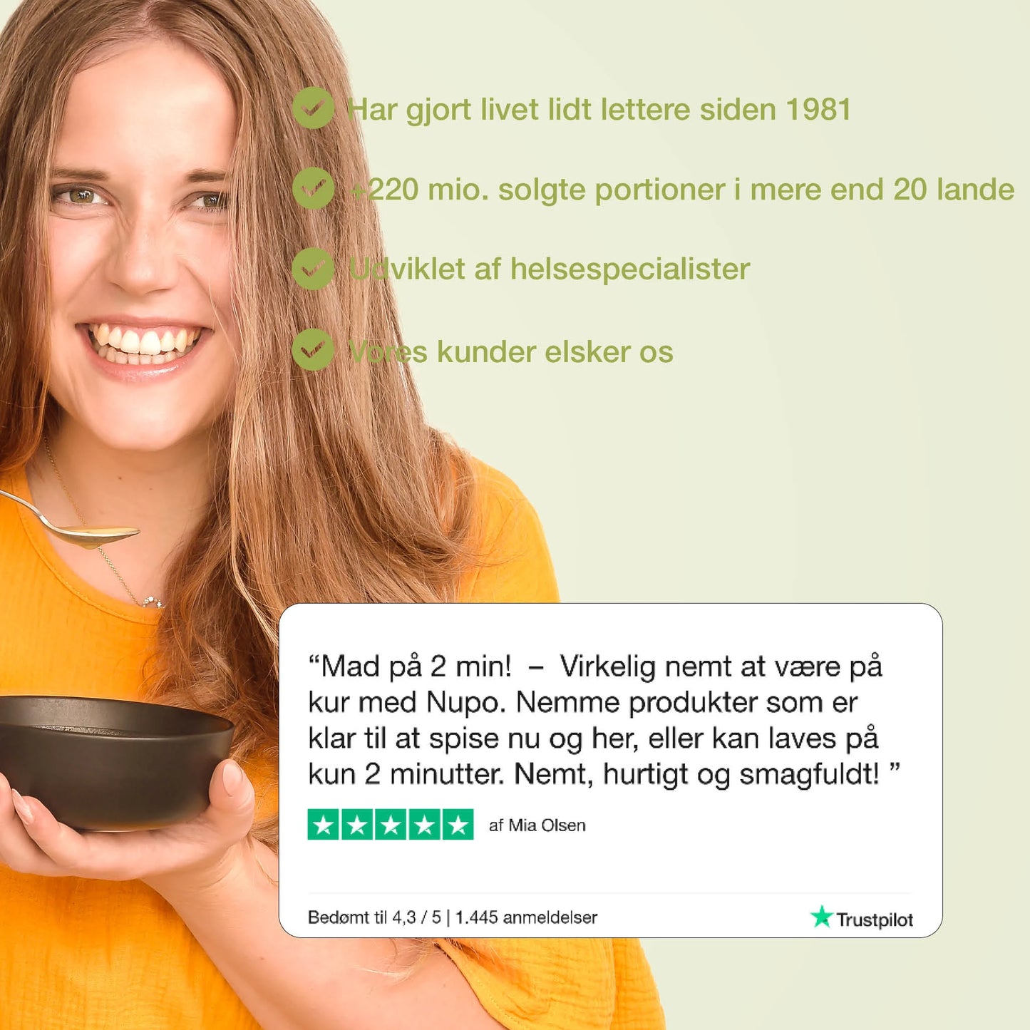 Ung kvinde holder skål med mad, præsenterer Nupo og Diet GLP-1 - Stor pakke anmeldelse med høj kundetilfredshed.