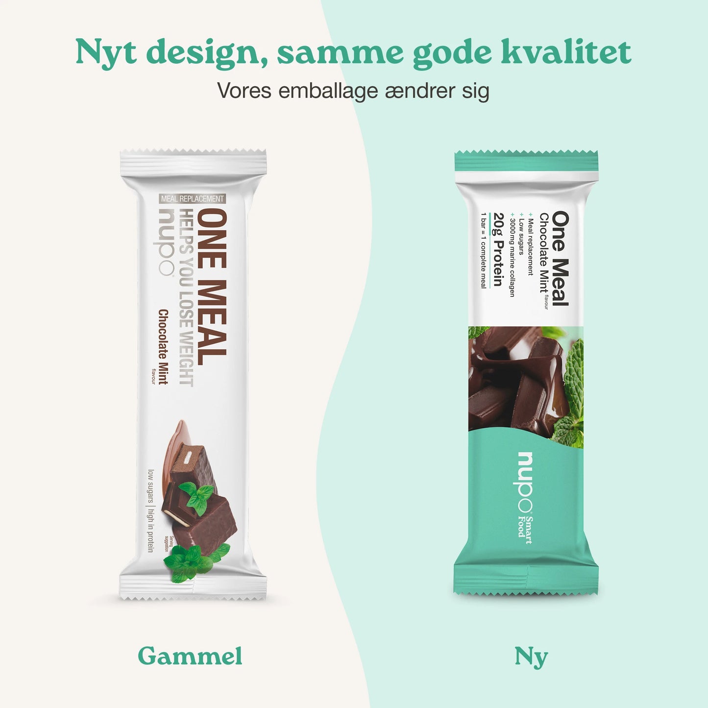 Nupo One Meal Bar Chocolate Mint bar infografik med protein og fibre