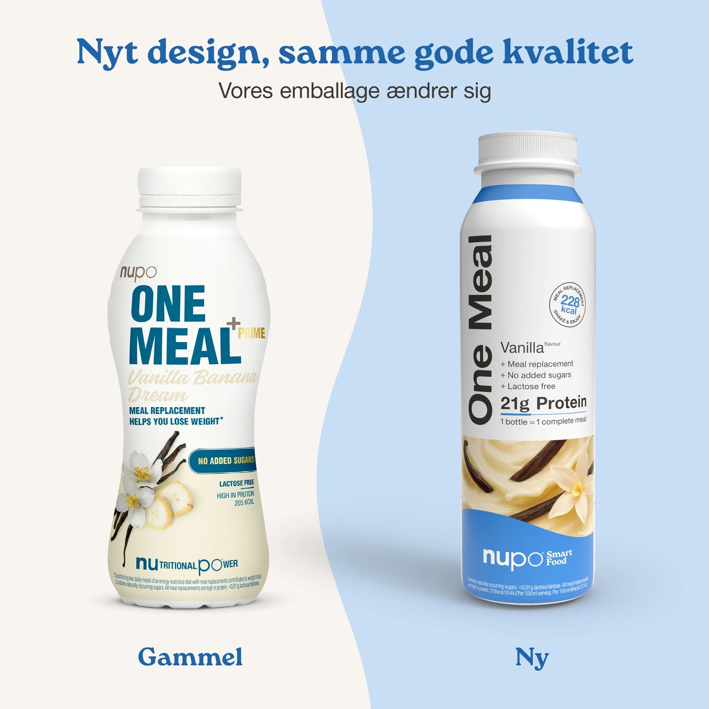 Nupo One Meal RTD Vanilje produkt og emballage samlet