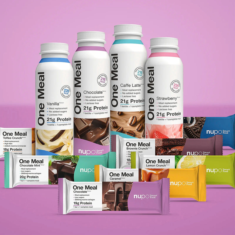 One Meal GLP-1 Pakke featuring protein drinks and bars in various flavors, ideal for a balanced meal.