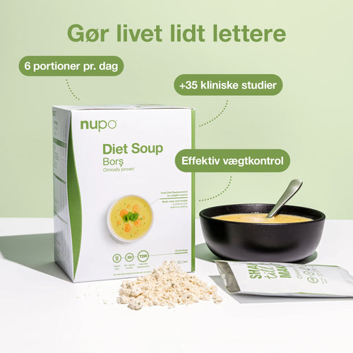 Bors Diet Soup from Nupo with serving suggestions, focusing on effective weight control and clinical studies.