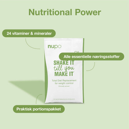 Nupo Total Diet Replacement pouch showcasing 24 vitamins and minerals for effective weight control.