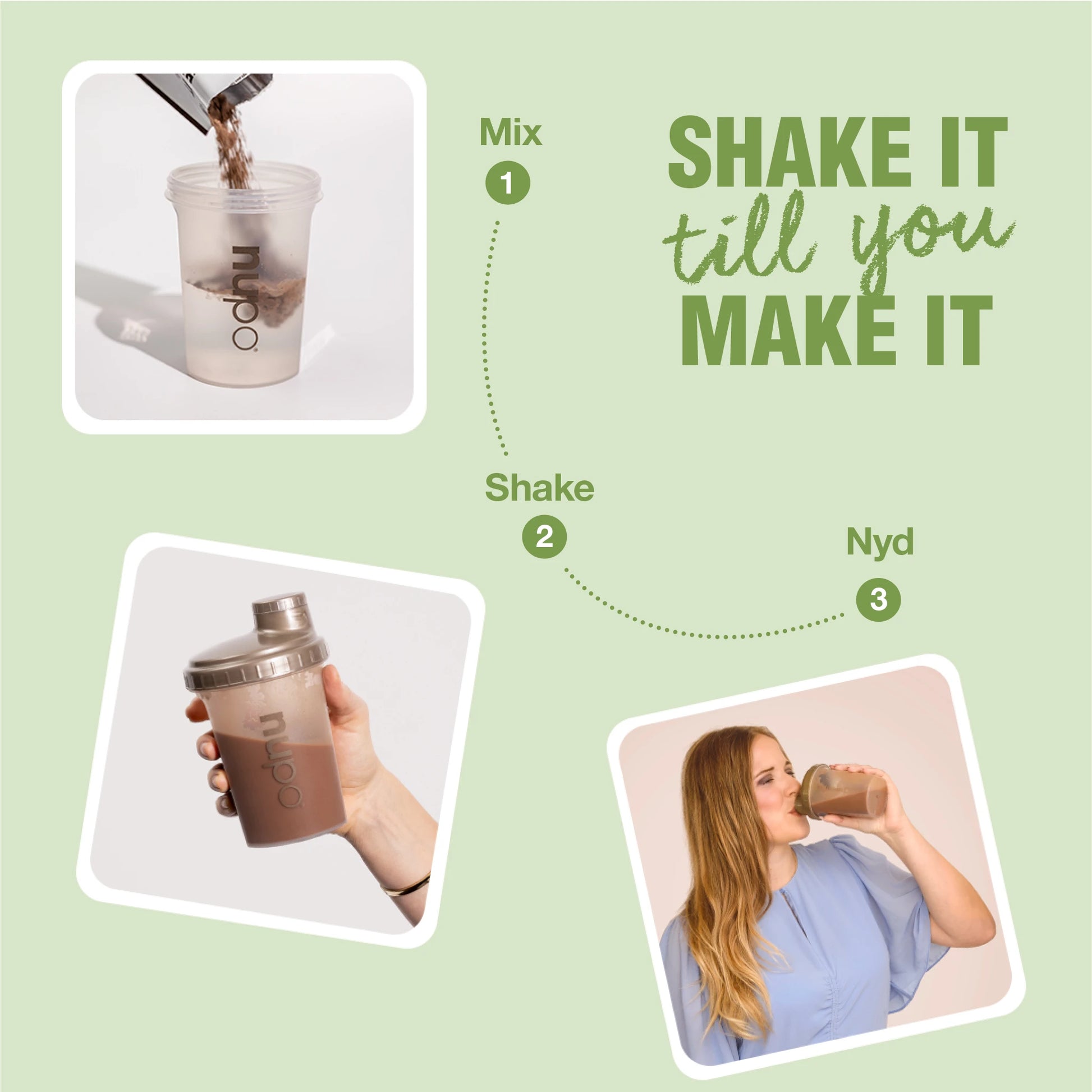 Bors preparation steps: Mix, Shake, and Enjoy with Nupo Diet products for a delicious meal.