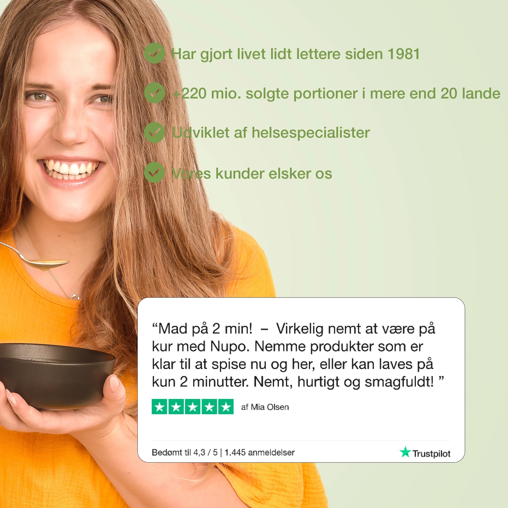 Bors grøntsagssuppe med citat fra tilfreds kunde om nem og velsmagende mad fra Nupo.