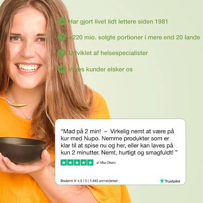 Bors grøntsagssuppe med citat fra tilfreds kunde om nem og velsmagende mad fra Nupo.