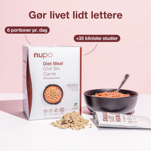 GLP-1 - Lille pakke med Nupo Diet Meal Chili Sin Carne og portionskontrollerede måltider.