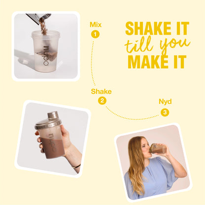 Lemon Pudding preparation steps with Nupo shaker: Mix, Shake it till you make it, and Enjoy.