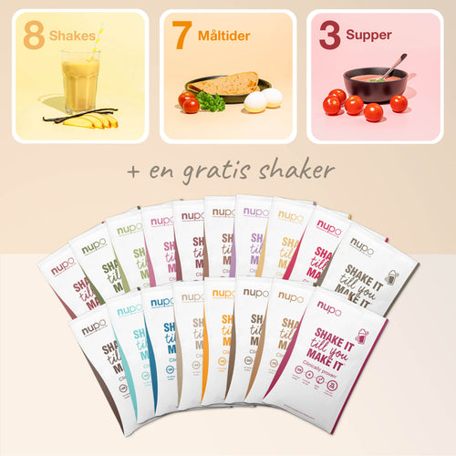 GLP-1 Diet Smagspakke inkl. shaker med shakes, måltider og supper i forskellige smagsvarianter.