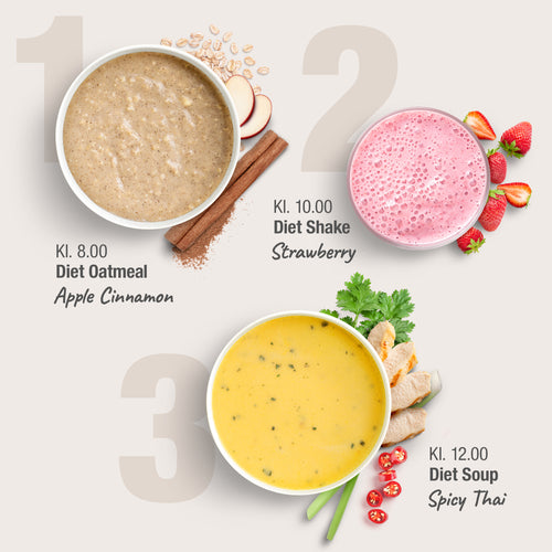 GLP-1 Diet Smagspakke inkl. shaker med tre forskellige produkter: Diet Oatmeal, Diet Shake Strawberry, og Diet Soup Spicy Thai.