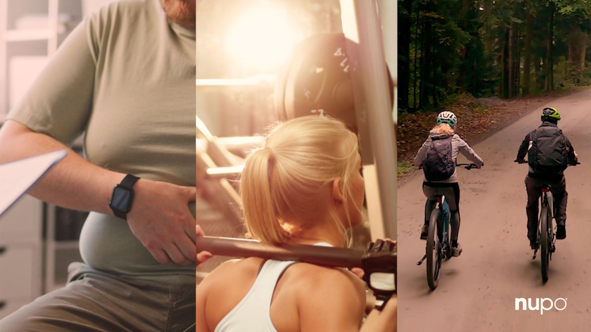 Collage of fitness activities: body measurement, weightlifting, and cycling in nature, promoting health and wellness.
