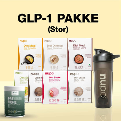 Diet GLP-1 - Stor pakke med forskellige mættende måltider og en shaker til kosthold.