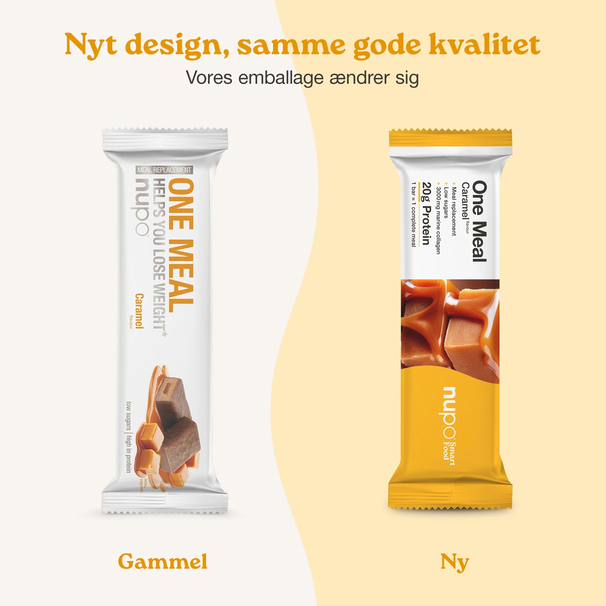 Nupo One Meal Bar Caramel bar infografik med protein og fibre
