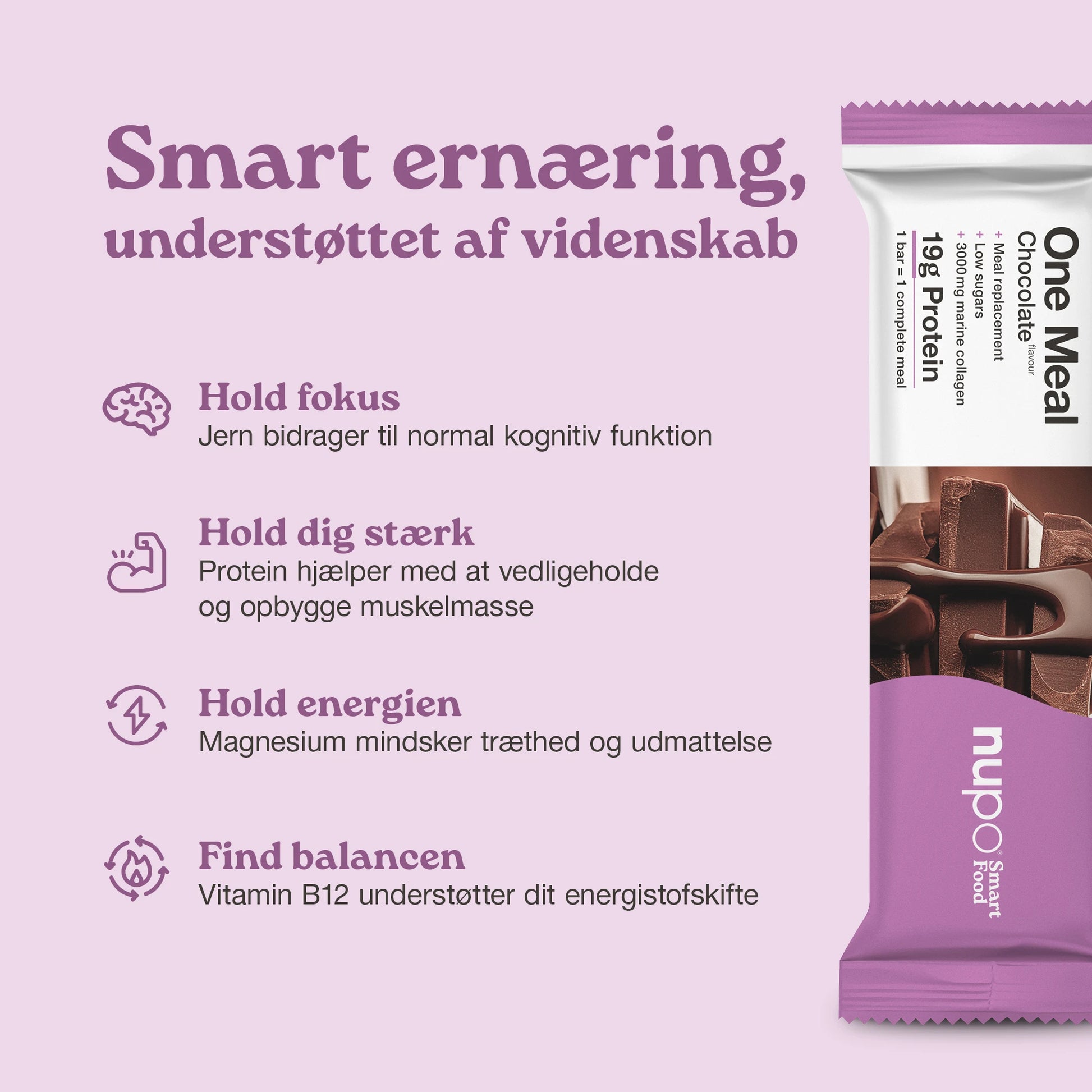 Nupo One Meal Bar Chocolate fordele højt protein fibre