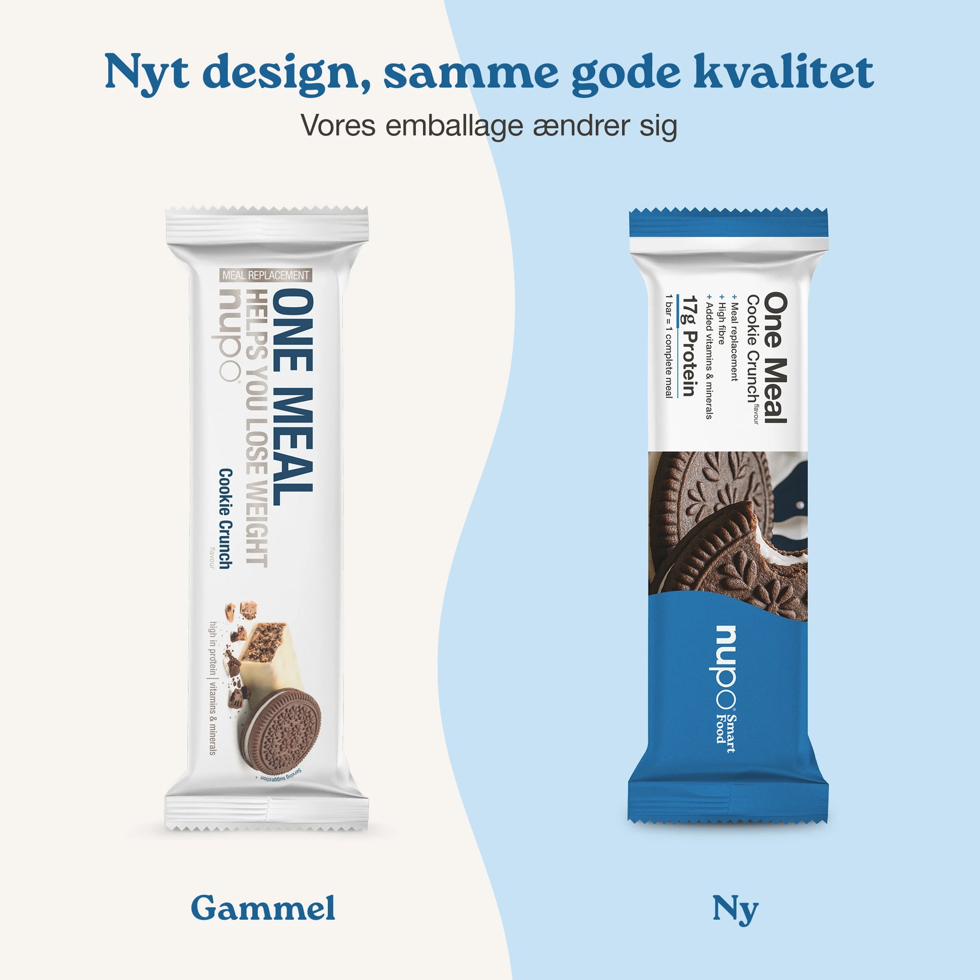 Nupo One Meal Cookie Crunch nyt og gammelt design – samme gode smag i ny emballage