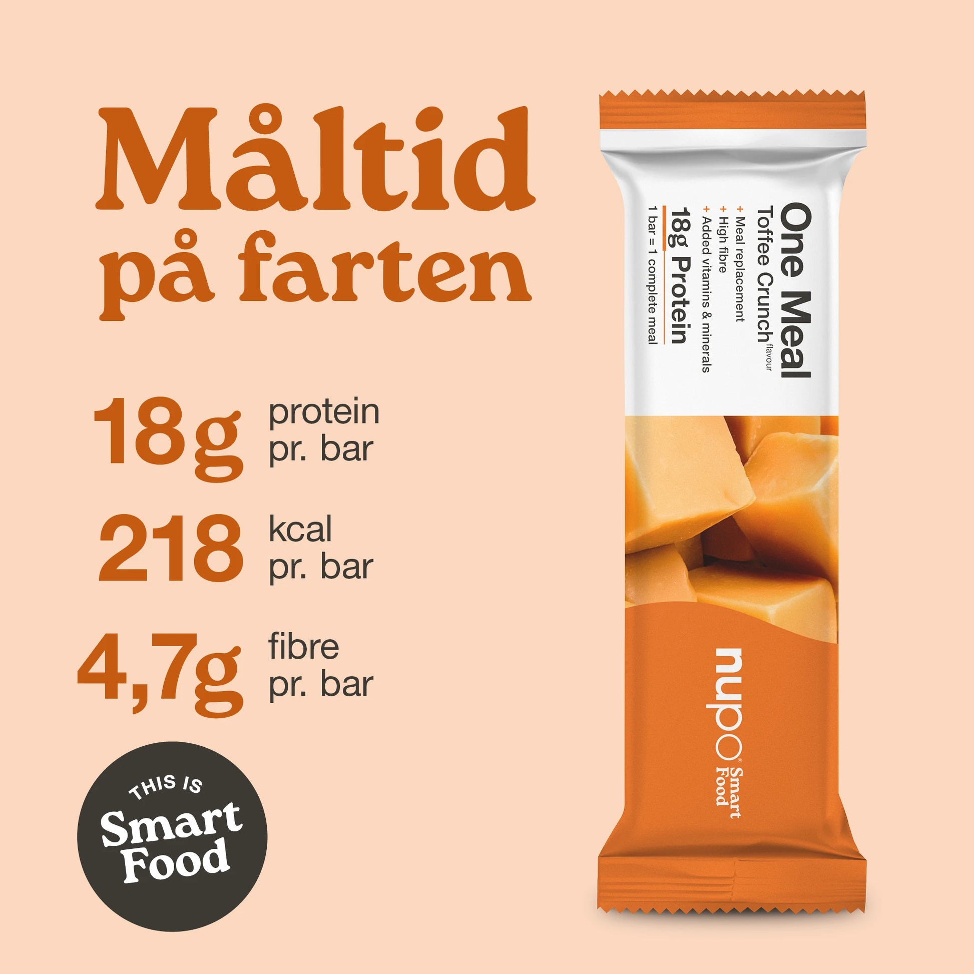 Nupo One Meal Toffee Crunch ernæringsfakta – 20 g protein, lavt sukkerindhold, vitaminer og mineraler