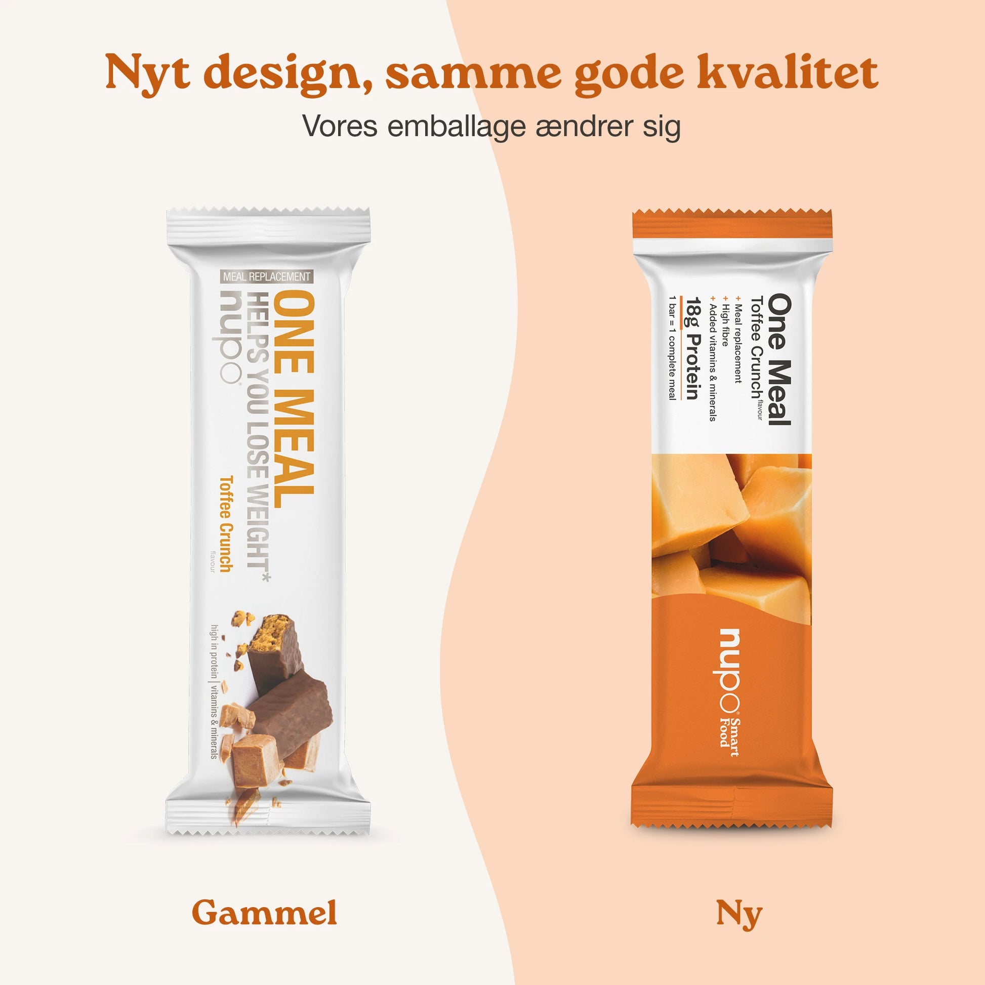Nupo One Meal Toffee Crunch nyt og gammelt design – samme gode smag i ny emballage