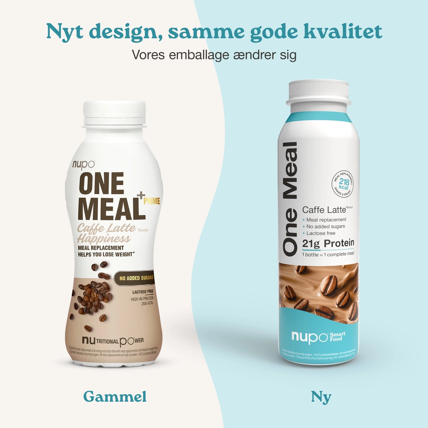 Nupo One Meal RTD Caffe Latte produkt og emballage samlet