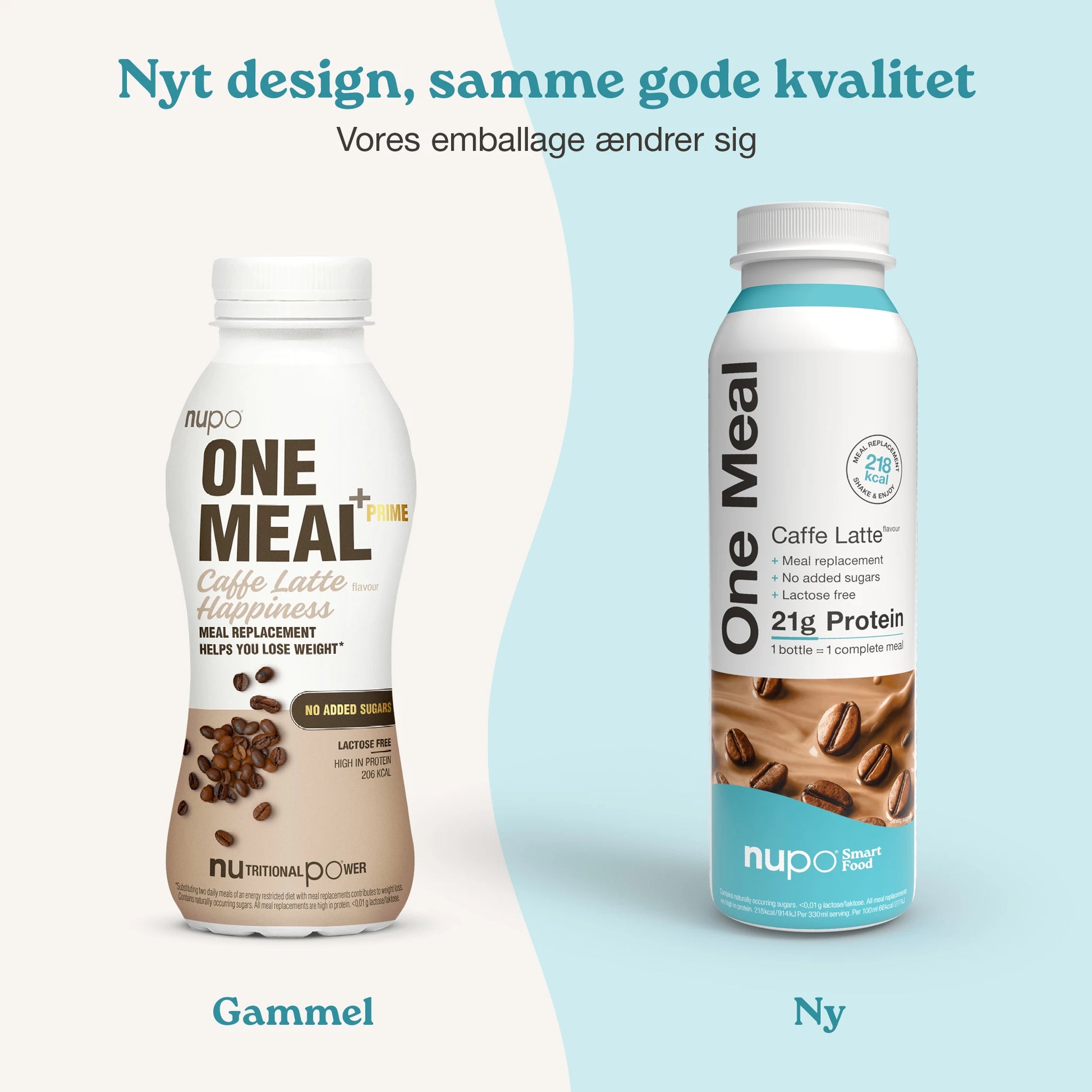 Nupo One Meal RTD Caffe Latte produkt og emballage samlet