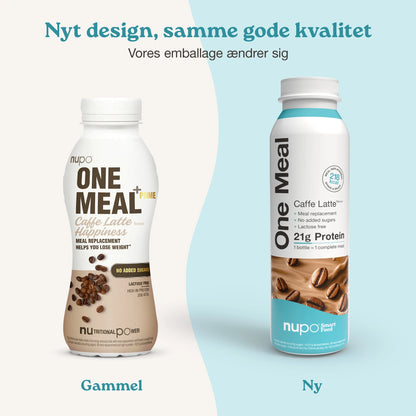 Nupo One Meal RTD Caffe Latte produkt og emballage samlet