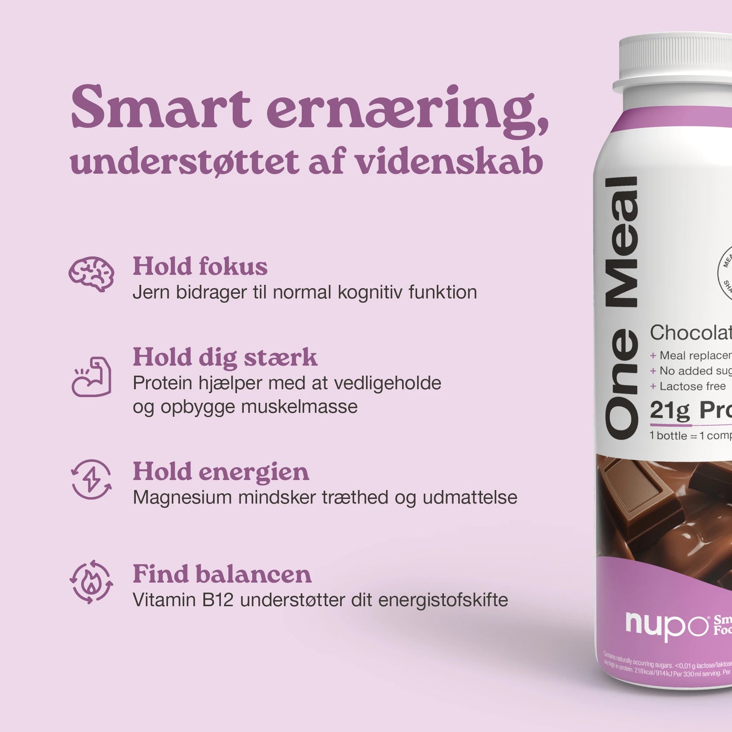 Nupo One Meal RTD Chocolate næringsinfo på emballagen