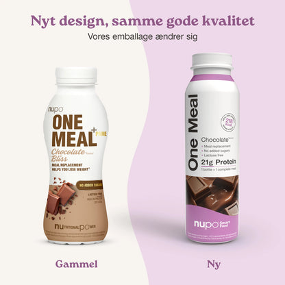 Nupo One Meal RTD Chocolate produkt og emballage samlet