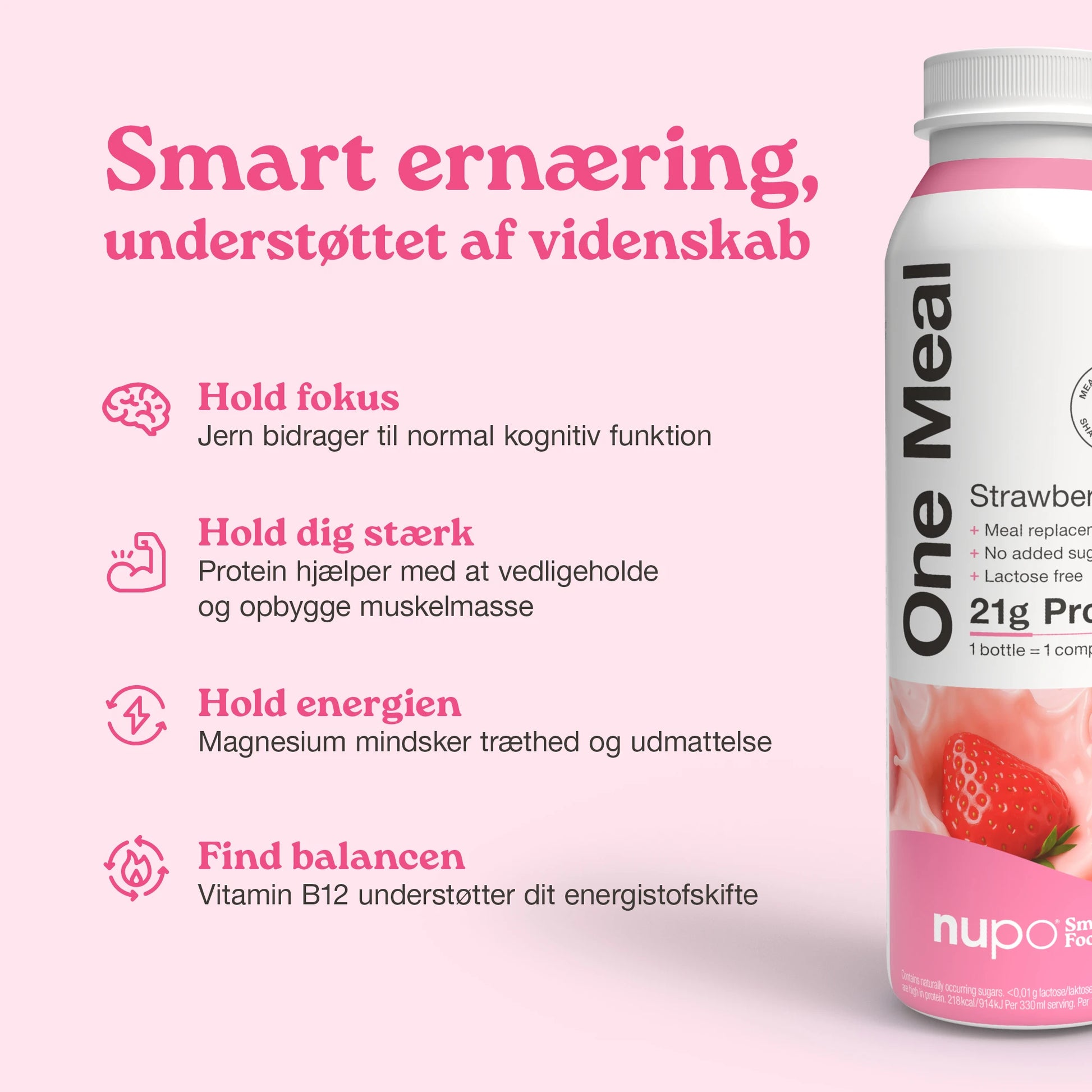 Nupo One Meal RTD Strawberry næringsinfo på emballagen