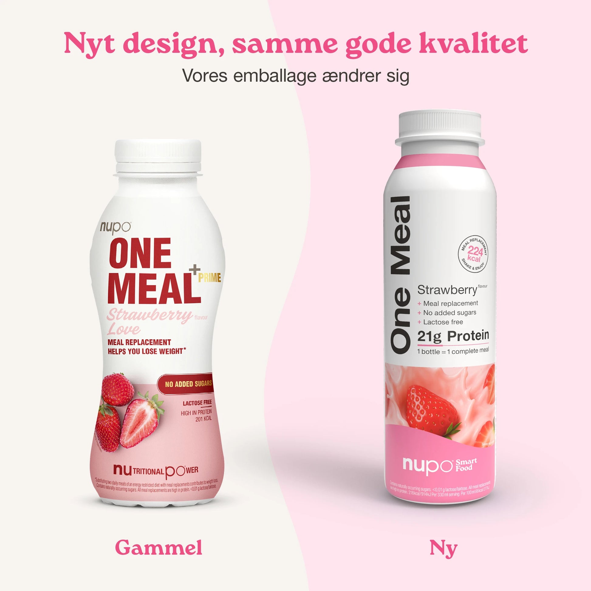 Nupo One Meal RTD Strawberry produkt og emballage samlet