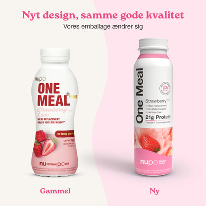 Nupo One Meal RTD Strawberry produkt og emballage samlet