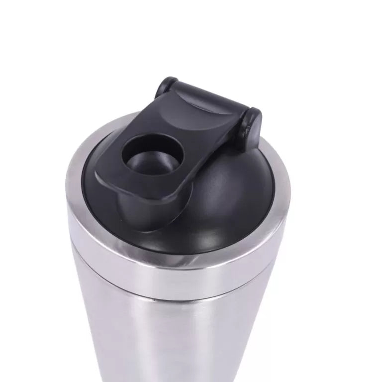 Metal Shaker 500 ml (GRATIS) top view showing the black lid and sleek stainless steel design.