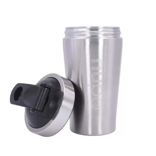 Metal Shaker 500 ml (GRATIS) in stylish stainless steel with a black plastic lid.